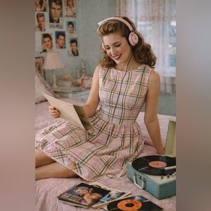 Vintage 1950s Womens Pink Plaid Dress Sz S Gassmann Switzerland Bow Detail Tween